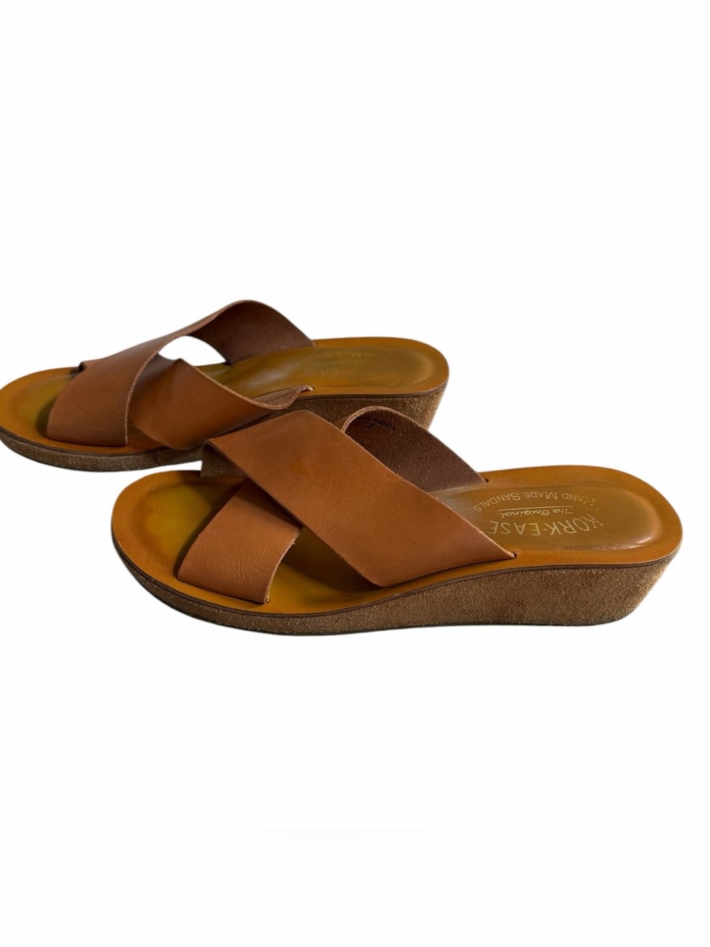 Kork-Ease Women’s Cognac Leather Crossover Slide Wedges